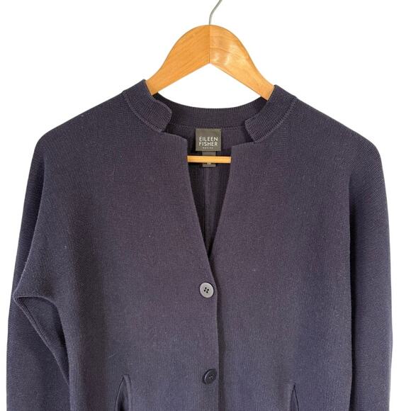 Eileen Fisher Navy Silk and Cotton Button Knit Cardigan Sz M Petite MSRP $298 - Picture 2 of 6